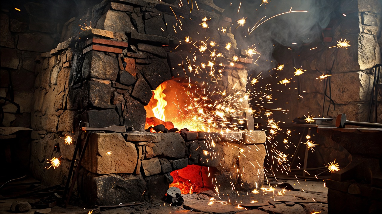Ancient medieval furnace scattering dynamic golden sparks