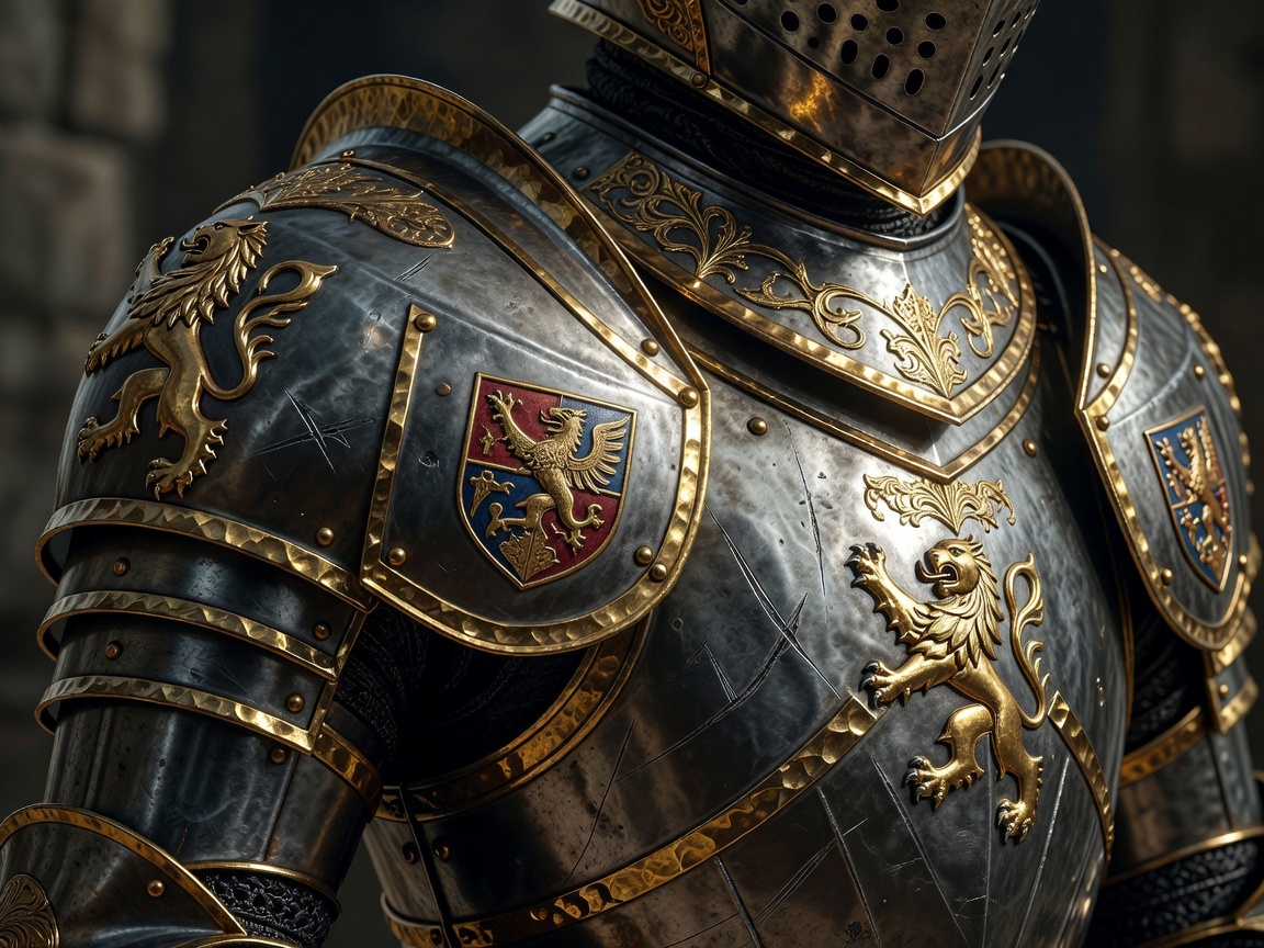 Cinematic close-up of heavy gold-trimmed knight armor and decorative crests