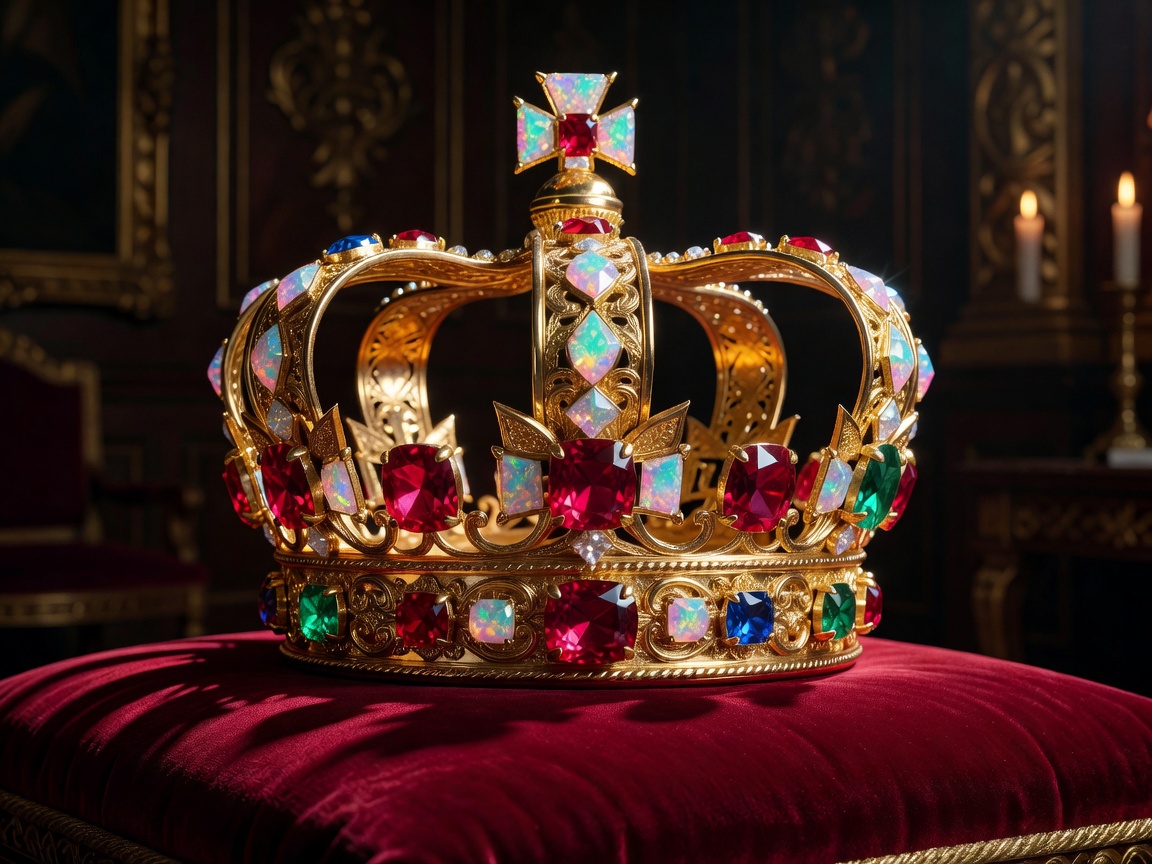 Intricate golden royal crown studded with heavy red rubies and dynamic stones