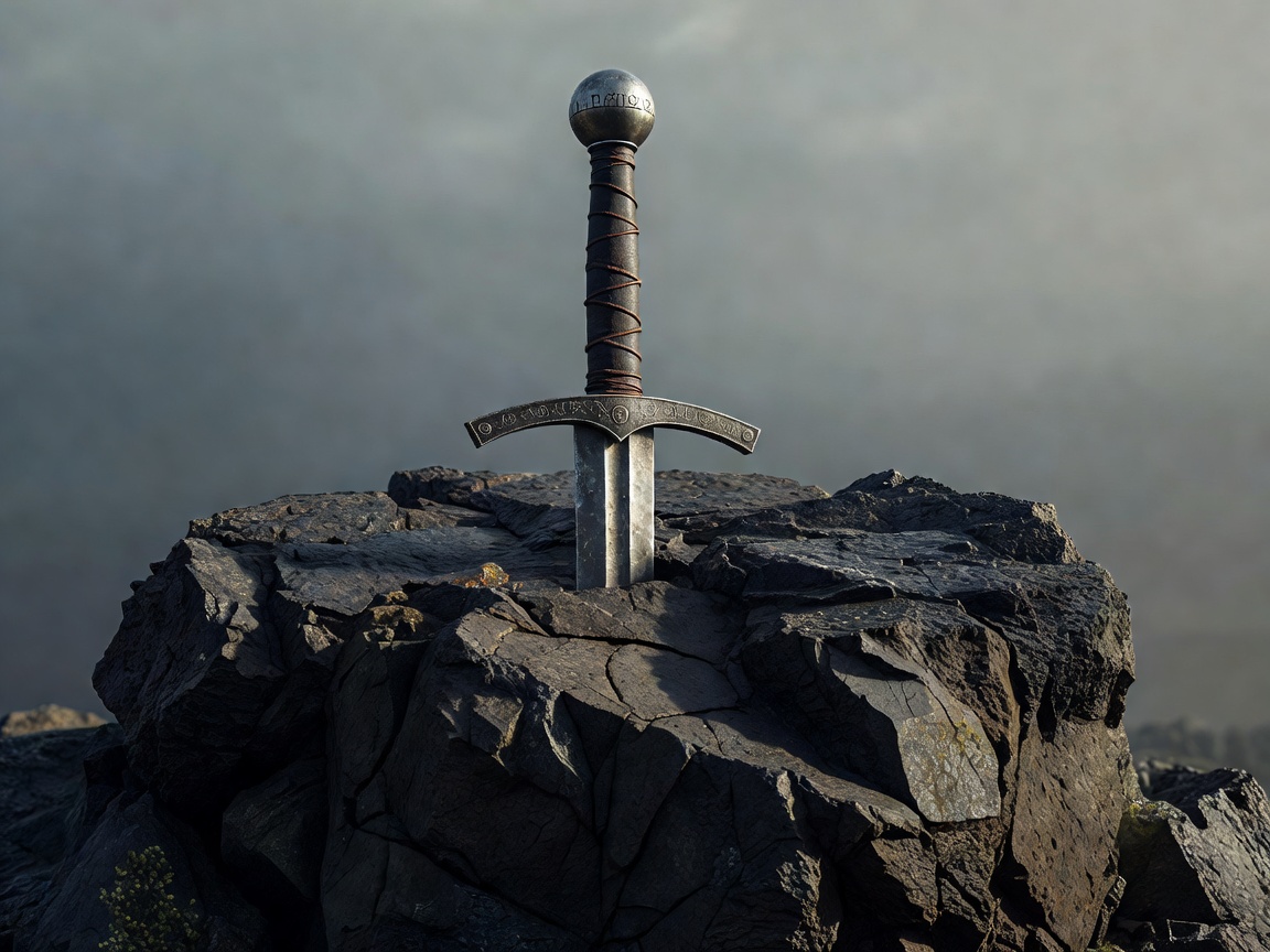 Legendary medieval sword handle sticking vertically out of dark basalt