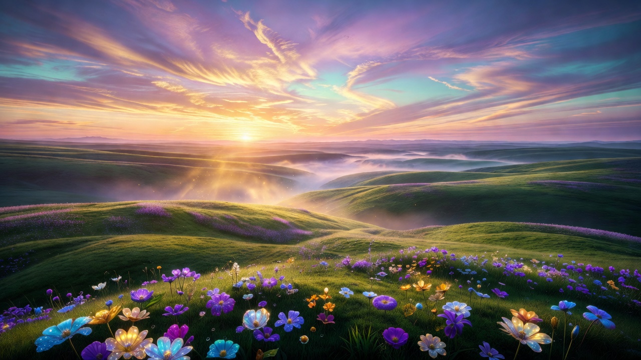 Lush rolling hills and valleys beneath beautiful fantasy sunrise