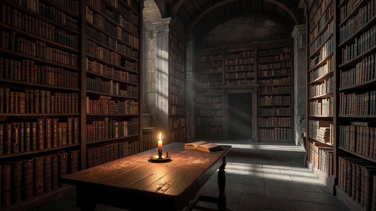 Majestic ancient library archives illuminated by a single warm candle flame