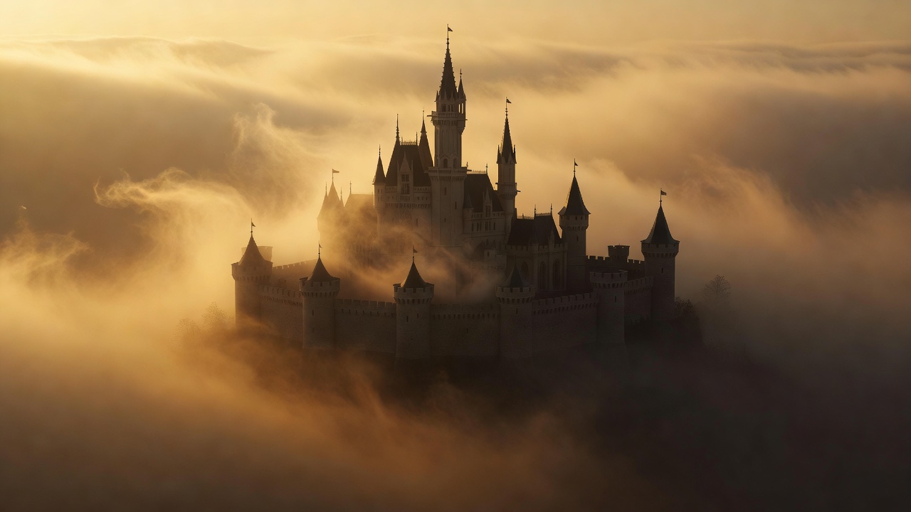 Majestic castle silhouette wrapped in golden atmospheric mist