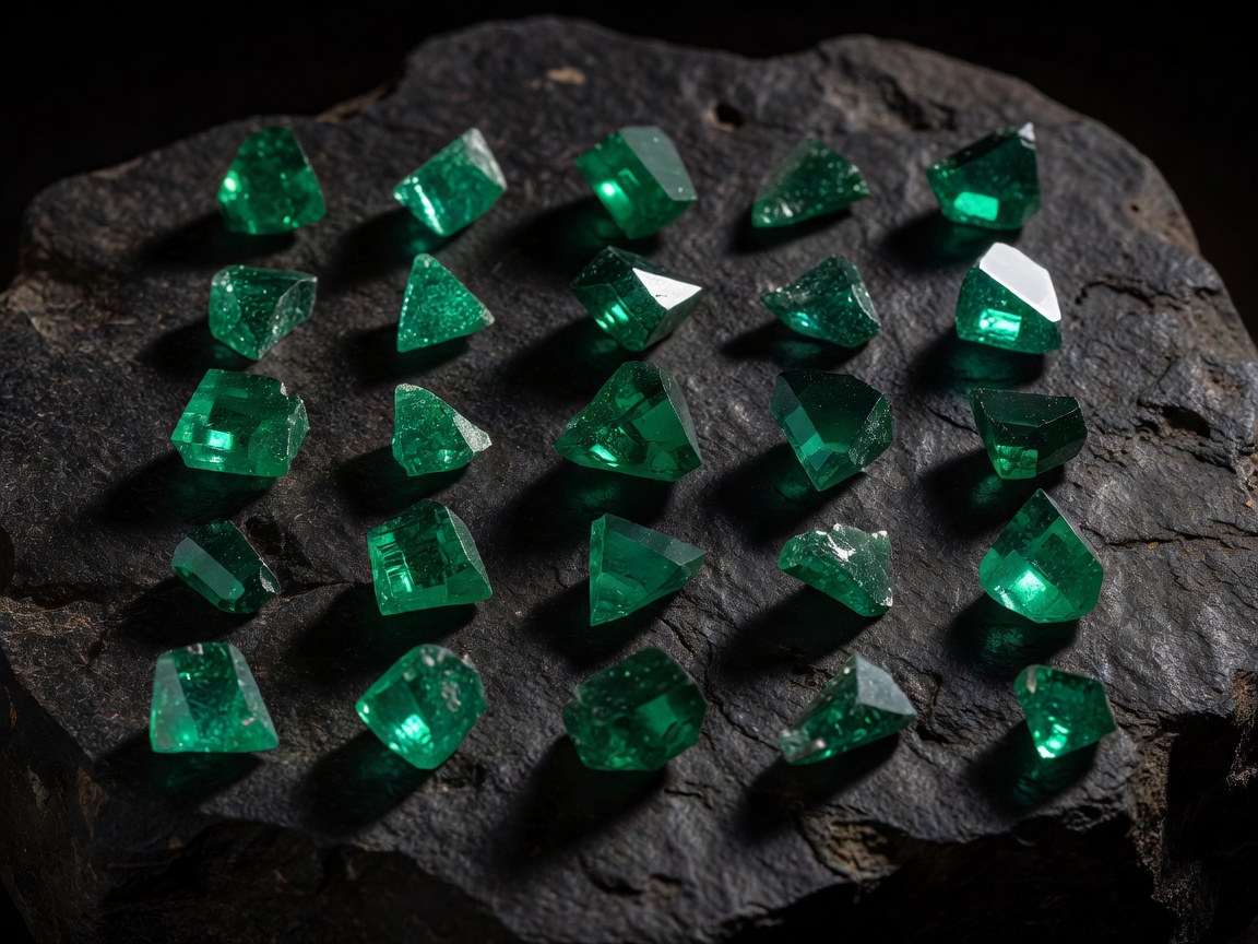 Mysterious emerald gem fragments arranged systematically on a dark rock surface
