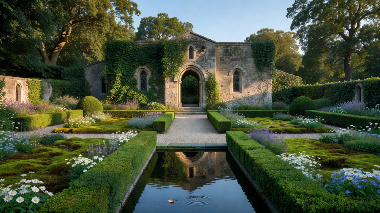 Serene medieval stone sanctuary and gardens representing peace and balance